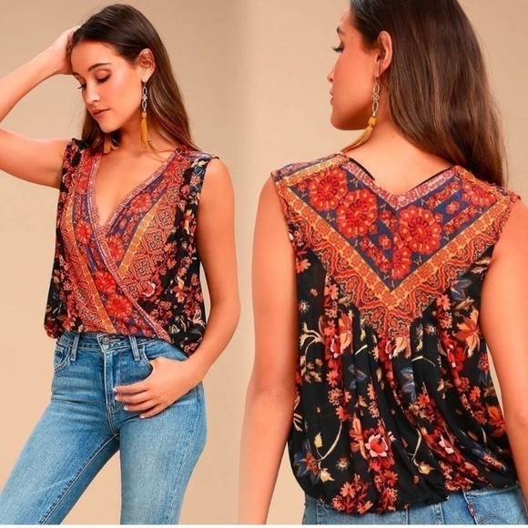 Free People Revolve Havana Muscle Tank Black & Red Floral Surplice Cut sz Small - Picture 1 of 9